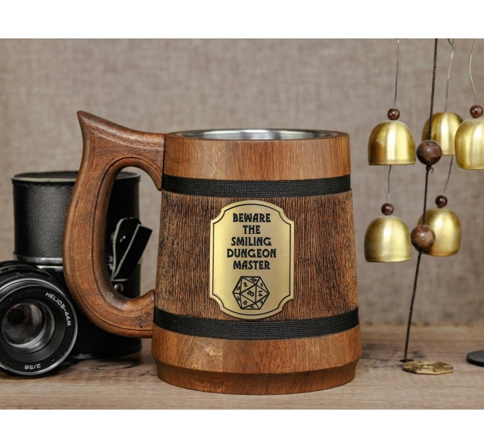 Smiling Dungeon Master Wooden Beer Stein for Tabletop Gamers, Unique Dungeon Master Beer Mug