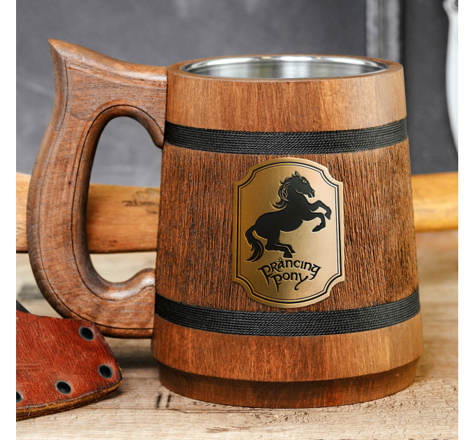 Prancing Pony wooden mug. LOTR Gifts. Hobbit Tankard