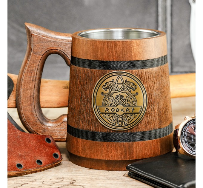 Personalized Viking Mug, Nordic Ornaments, Vikings Beer Tankard, Engraved Wooden Stein