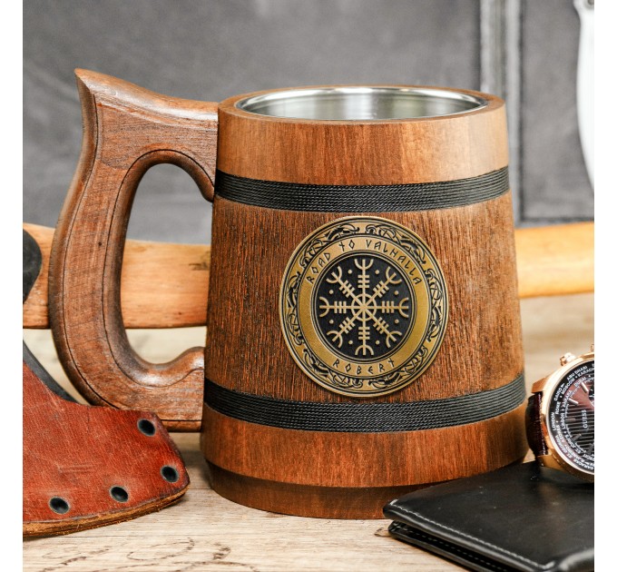 Viking runes compass  wooden tankard