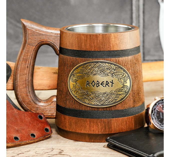 Viking wooden tankard with nordic ornaments