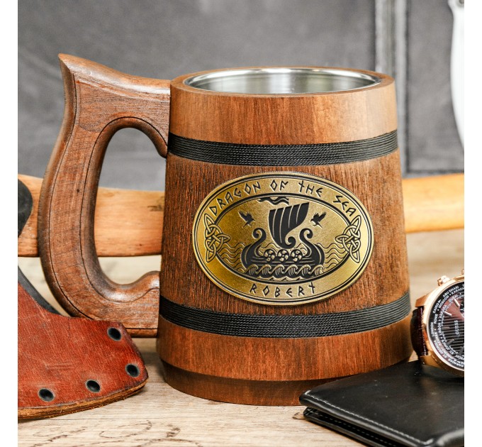 Viking ship Drakkar Dragon of the Sea personalized wooden mug