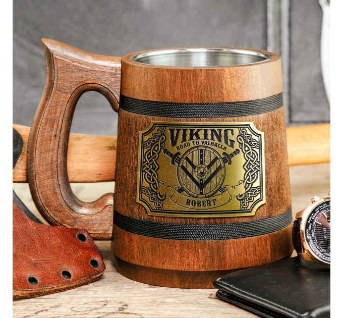 Viking Shield Road to Valhalla wooden stein