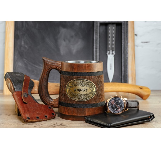 Viking wooden tankard with nordic ornaments